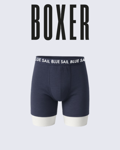 Men's black boxer shorts with white print on a white backround, with BOXER text above
