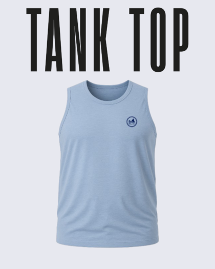 Men's light blue tank top with "TANK TOP" text displayed on white background