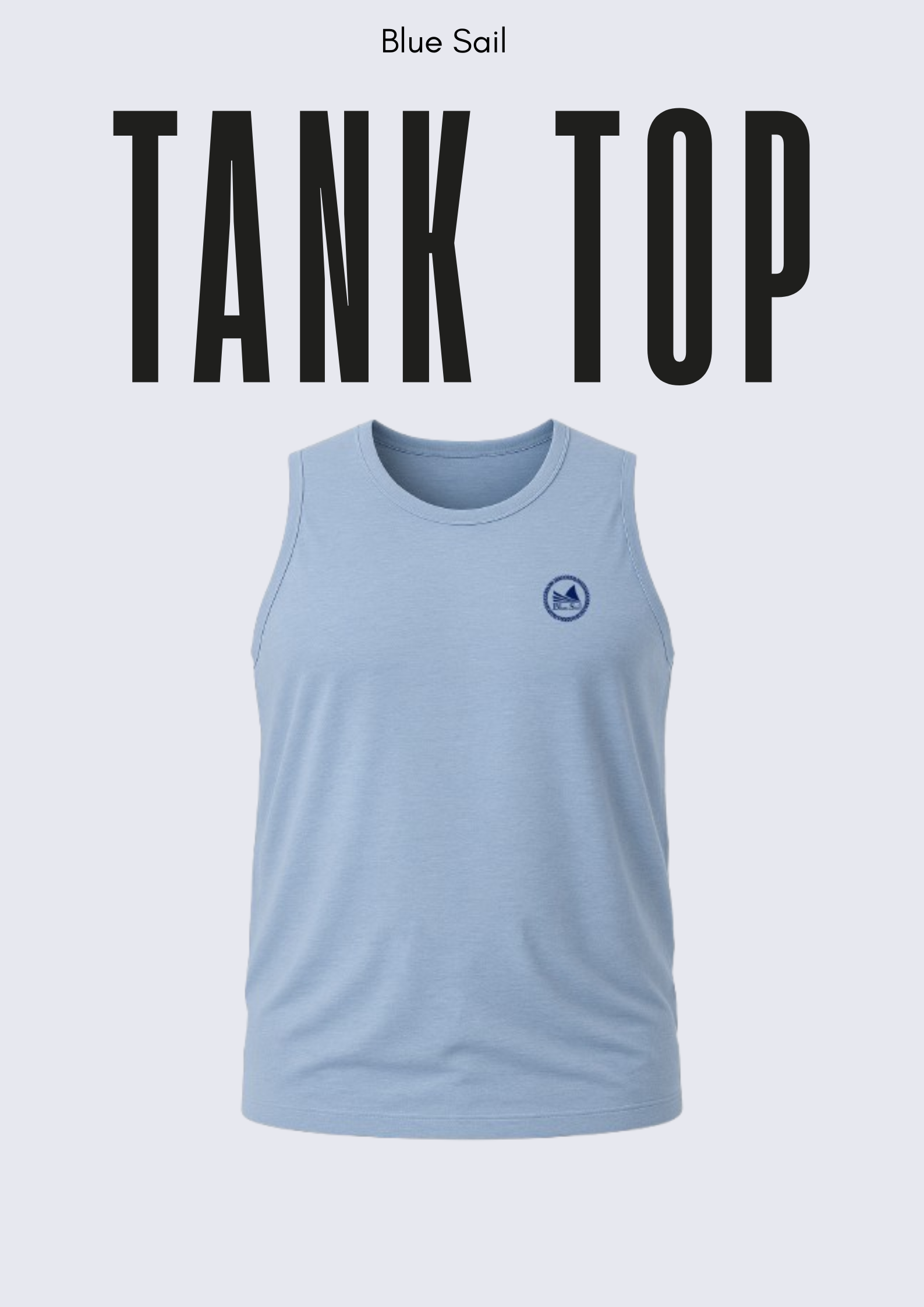 Men's light blue tank top with "TANK TOP" text displayed on white background